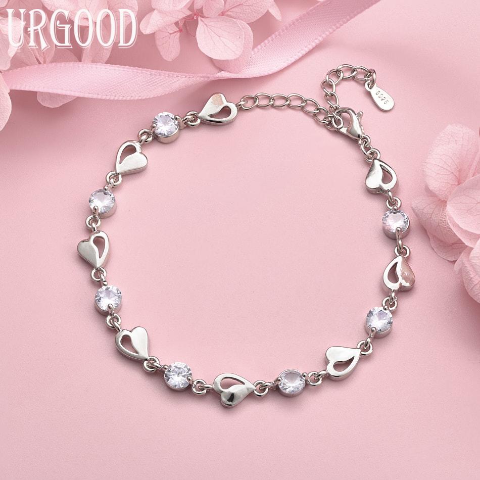

925 Sterling Silver AAA Zircon Heart Bracelet Wedding Jewelry 20cm