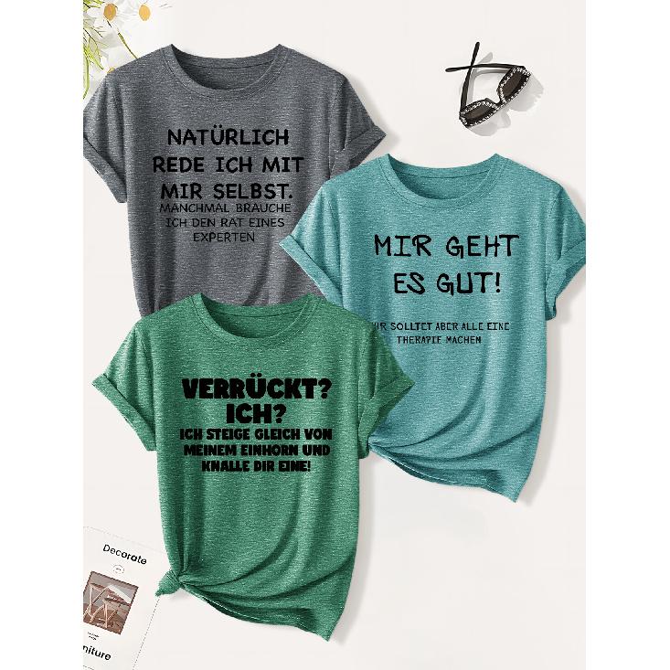 3 Pack of Women's Summer Tops | German Tongue-teasing Funny Slogan Print T Shirt | Cute and Trendy Casual Round-neck Short-sleeve Suit | 2026 Summer