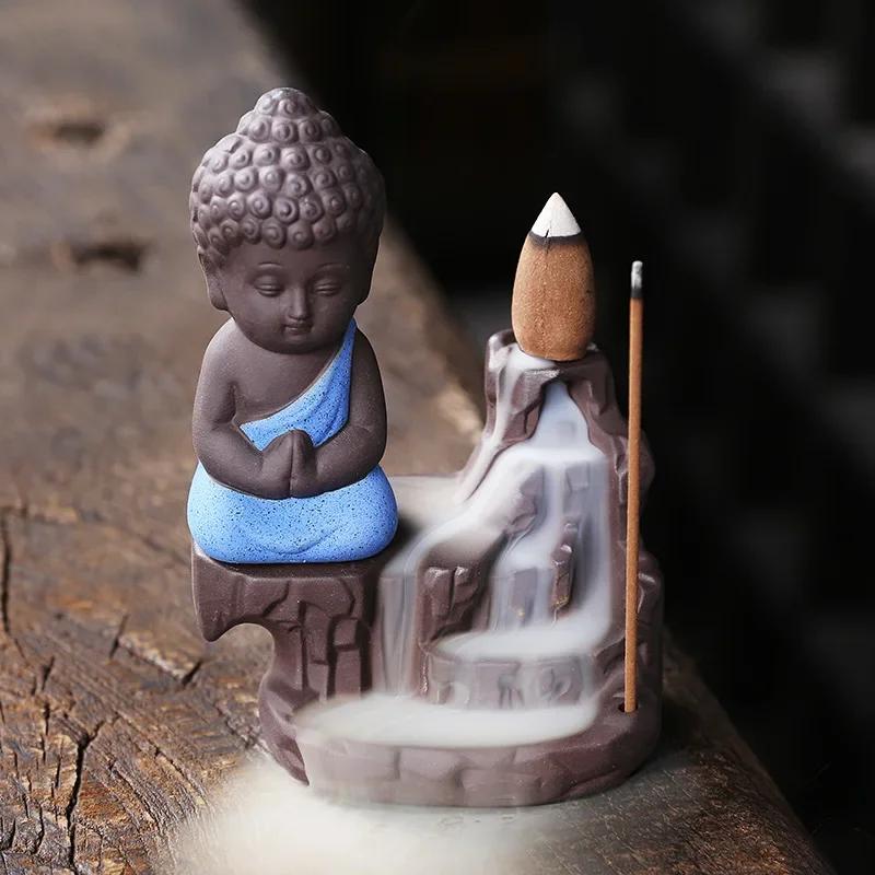 1pc Ceramic Waterfall Incense Burner Cute Monk Backflow Incense Burner Bodhisattva Buddha Burner Home Decor (Without Incense)