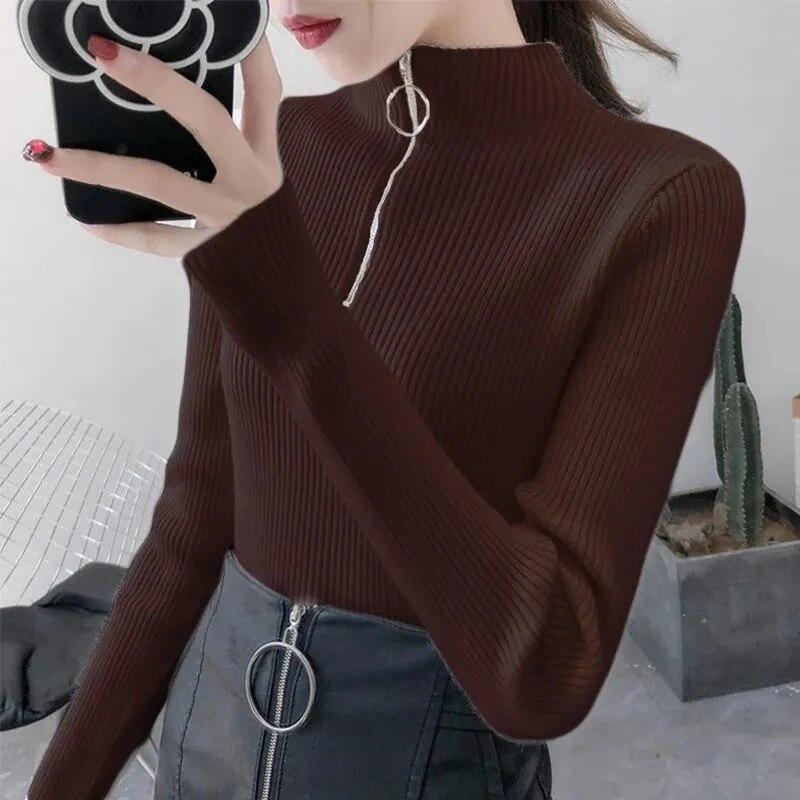 Knitted Women Zipper Half High Neck Ring Zipper Slim Top Sweater Pullovers Autumn Winter Basic Women Sweaters Slim Solid Knitwear Pull Femme Tops