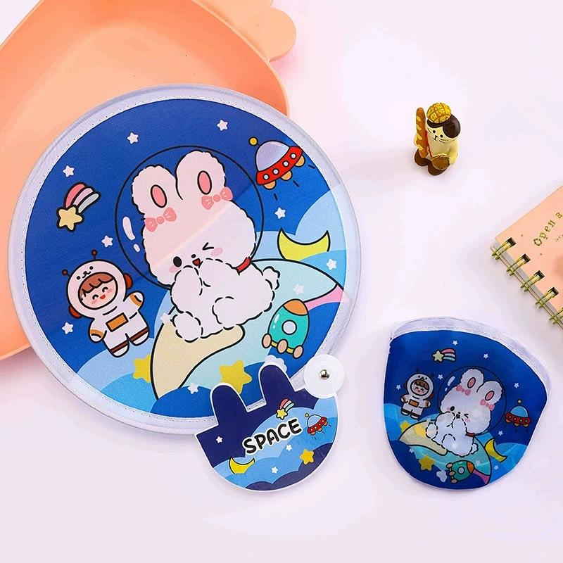 Reflective Mini Folding Fan: Portable Cartoon Design with Cloth Surface for Students and Outdoor Use.