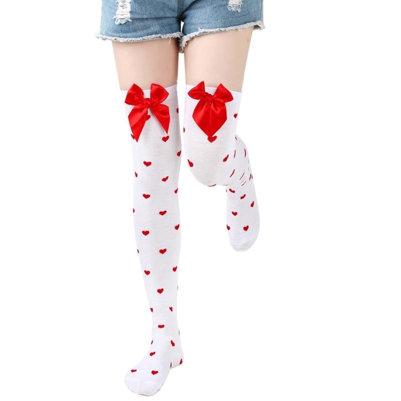 Valentines Day Over Knee Long Socks Cute Bowknots Lip Heart Pattern Thigh High Stockings for Women Parties Casual Wear
