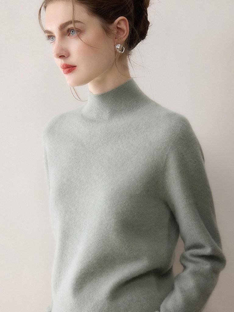 Women's Cashmere Half-High Collar Sweater - Pure, Solid Color, Warm Knitted Base Layer