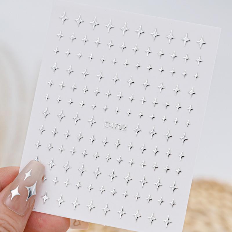 5Sheets Metal Silver Nail Stickers Metallic 3D Star Nail Art Stickers Decals Self-Adhesive Nail Art Stickers Metal Chain Heart