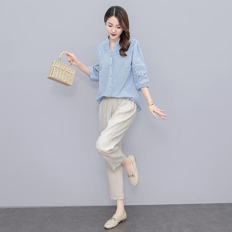 Women's Embroidered Five-Sleeve Button-Down Shirt