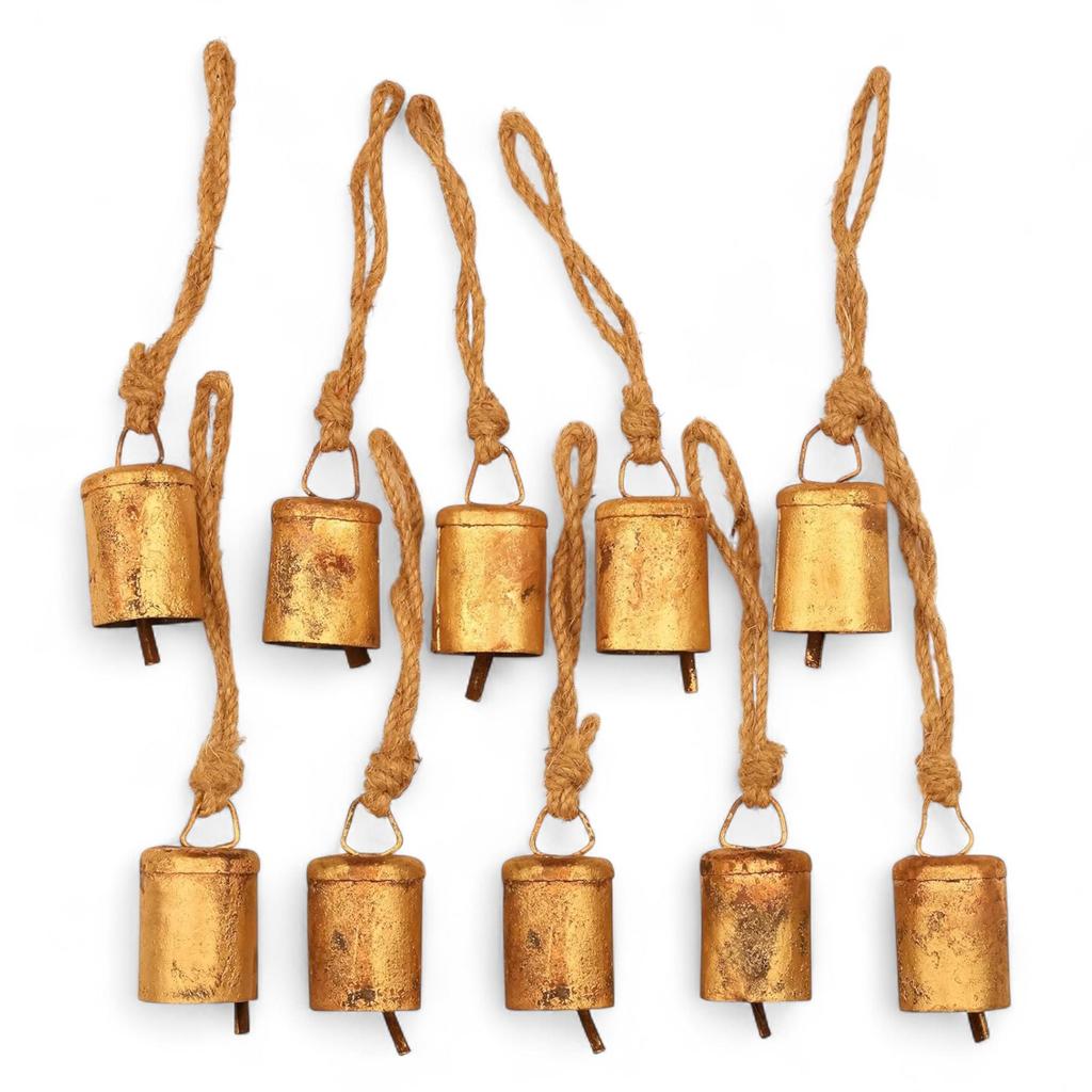 10 Piece Antique Gold Metal Craft Bells, 3.15 Inch Rustic Jingle Bells for DIY Christmas Ornaments, Witch Bells, and Vintage Wind Chimes