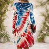 Women Criss Cross V Neck Long Sleeve Printed Navy Blue Fitted Curved Hem Dress