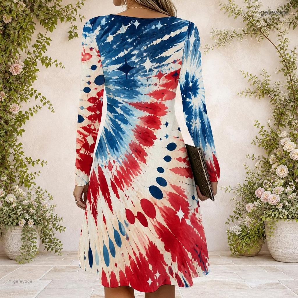 Women Criss Cross V Neck Long Sleeve Printed Navy Blue Fitted Curved Hem Dress