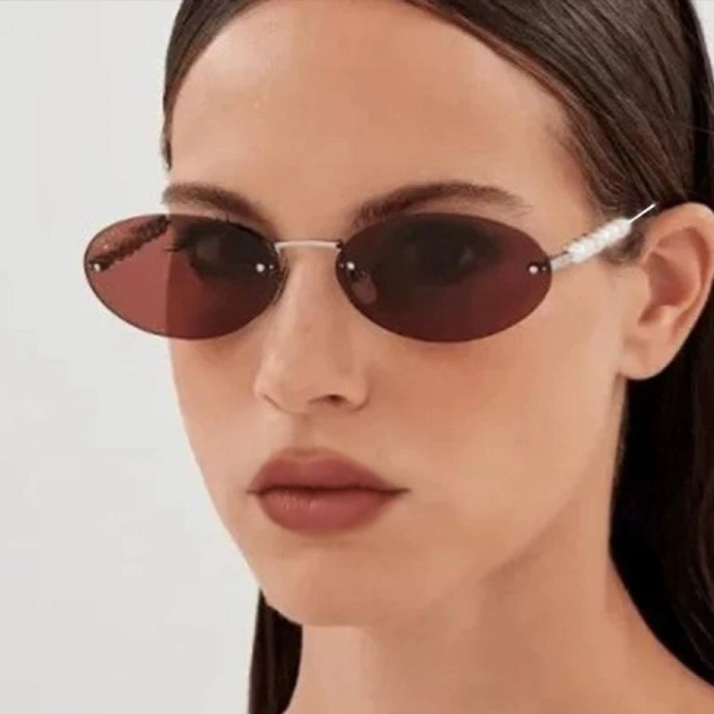 Vintage Rimless Oval Sunglasses Women For Men Luxury Brand Designer Sun Glasses Punk Popular Pearl Metal Eyeglasses Uv400