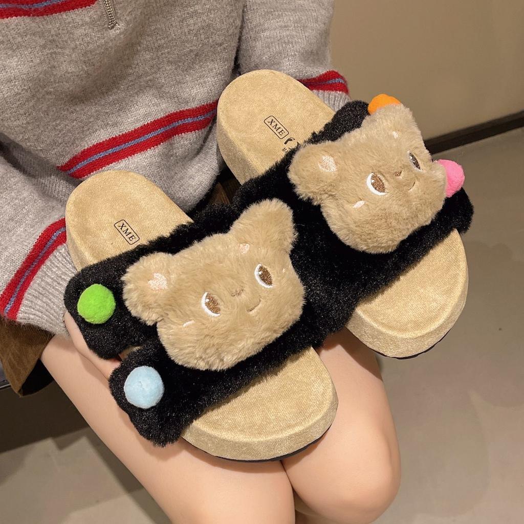 Comfortable one-word cotton slippers cute home muffin bottom fluffy slippers women's 2025 autumn and winter new warm and casual
