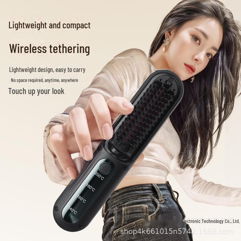 Portable Wireless Hair Straightening Comb with Negative Ions, No Damage, Mini Styling and Curling Tool