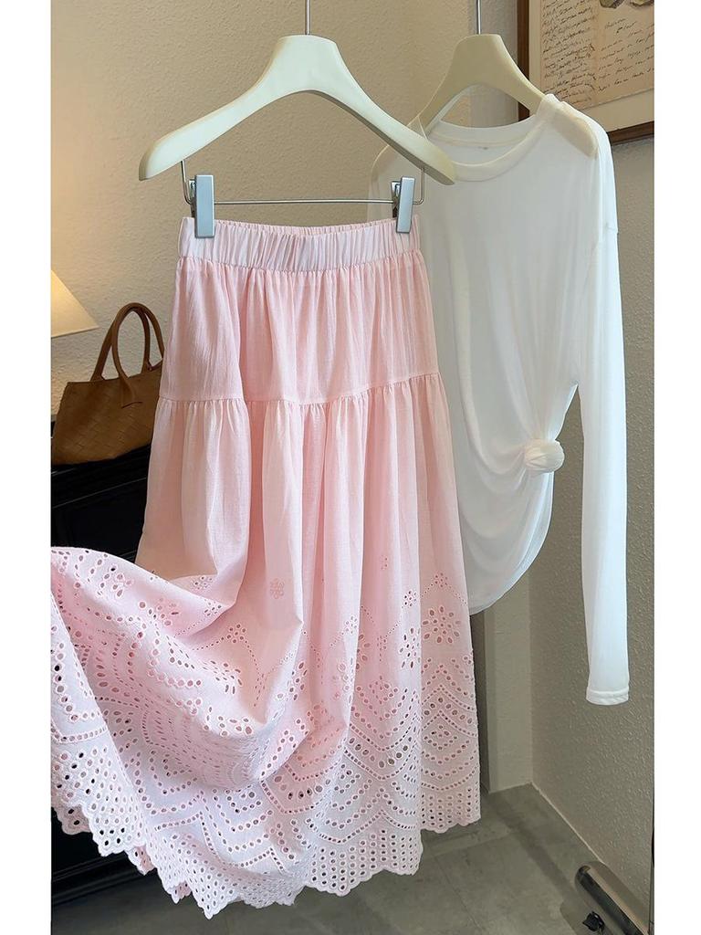 Spring 2026 French Sweet Lace Crochet A-Line Skirt with Elastic Waist for Women