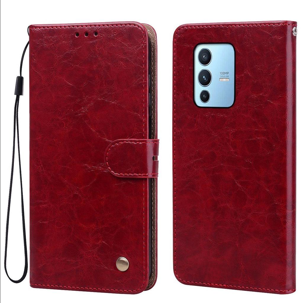 Vintage Crazy Horse Texture PU Leather Flip Wallet Phone Case for Vivo V23 5G Card Holder Kickstand Shockproof Protective Cover