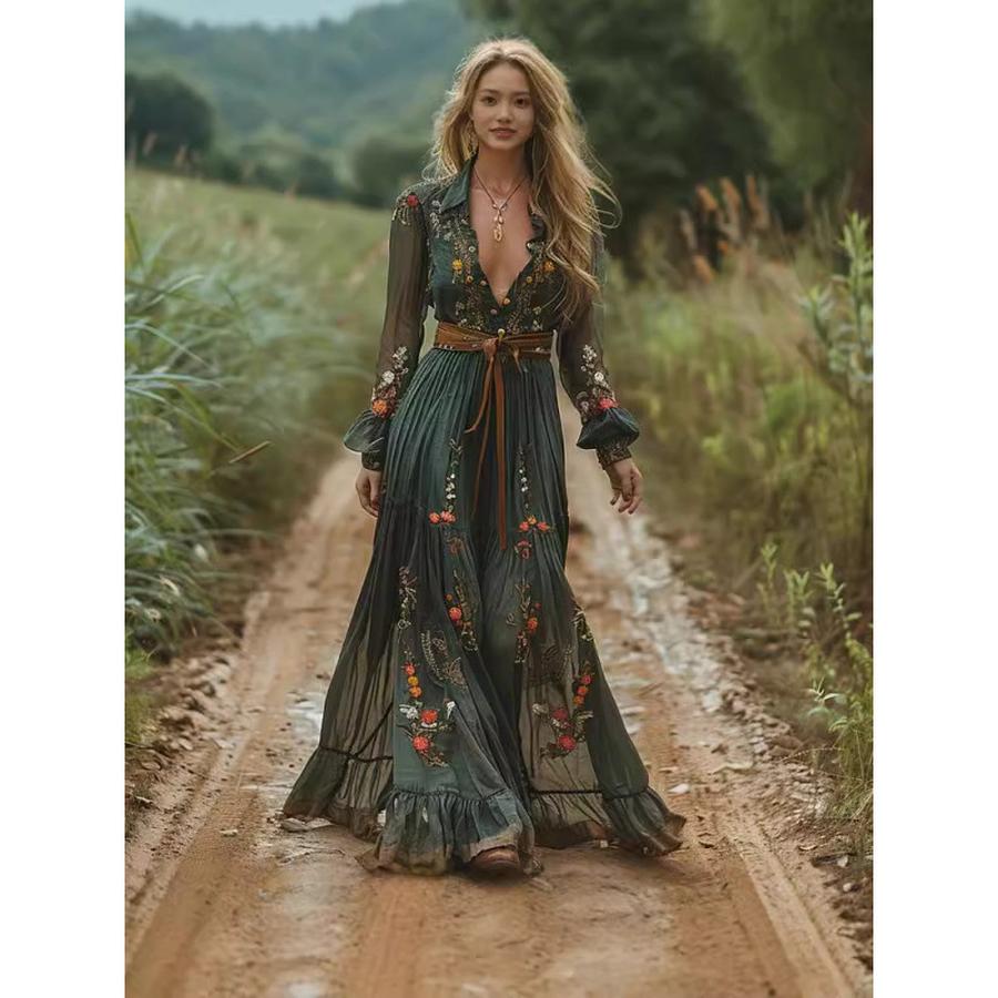 Women s Long Sleeve Printed Long Dress Shirt Collar Maxi Dress XXXL зелёный