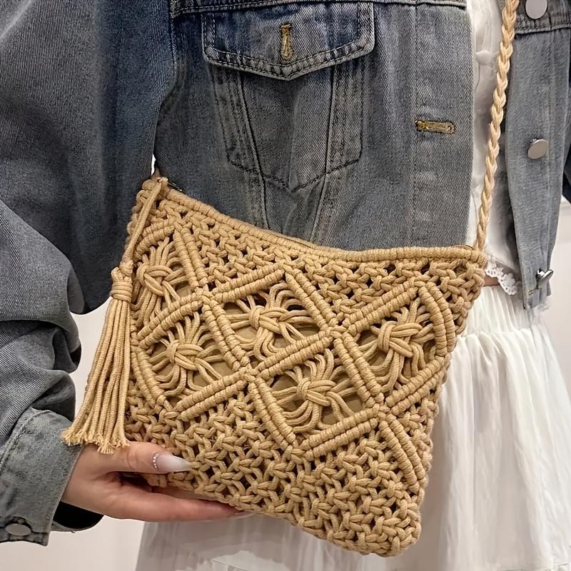 Ladies' Bohemian Style Handmade Woven Shoulder Bag - a Lightweight Summer Beach Clutch with Tassel Details,Crossbody Design