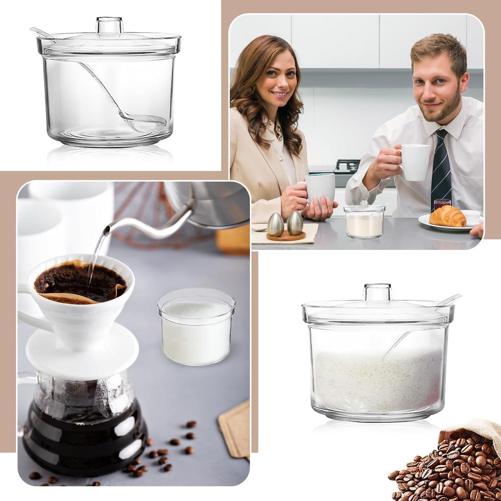 KoMvzyl 4-Piece Countertop Clear Sugar Holder Dispenser with Lid and Spoon, Includes Tags, for Condiments, Candy, Coffee, Tea, Spices, and Herbs