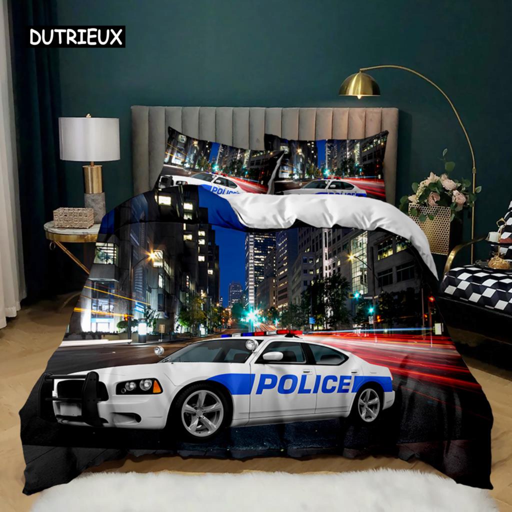 Husă de pilotă pentru mașină de poliție, neagră, set de lenjerie de pat dublă pentru mașină de poliție, husă de cuvertură pentru vehicul cu desene animate, husă de pilota din poliester, lumini roșii