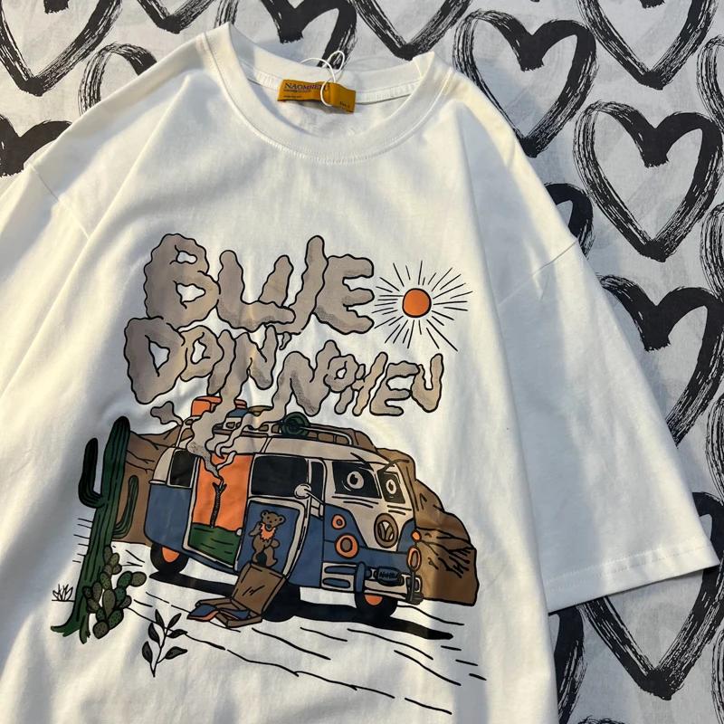 Please Pay Attention To American Retro Cartoon Print Short Sleeved T-shirt Trendy Cotton Loose Oversize Lovers Men Women T Shirt