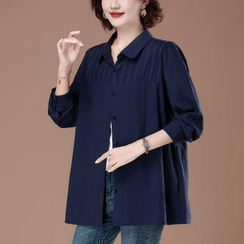 Spring Autumn Casual Pure Cotton Blouse Women Plus Size Lapel Collar Long Sleeve Loose Slimming Comfortable Shirt Top