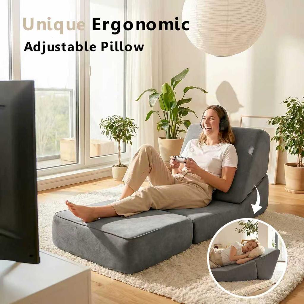 Small Couch Sofa Bed for Adults, Foldable Sofa Bed, Chaise Longue, Convertible Foam Floor Sofa, Mini Lounge Sofa with Triple Foldable Mattress, Grey