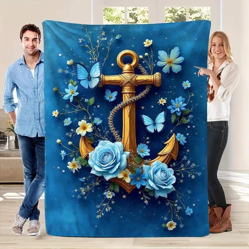Luxury Nautical Anchor with Rope Flannel Blanket for Bed, Office, Home, Camping, Cozy, Sofa, Halloween and Christmas