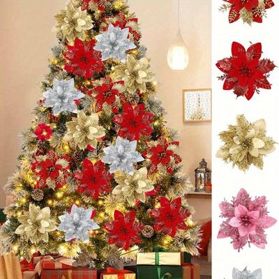 Poinsettia Artificial Christmas Glitter Flowers, Christmas Ornaments Xmas Tree Flower Decorations with Stems DIY Xmas Wreath Holiday Home Party Decor