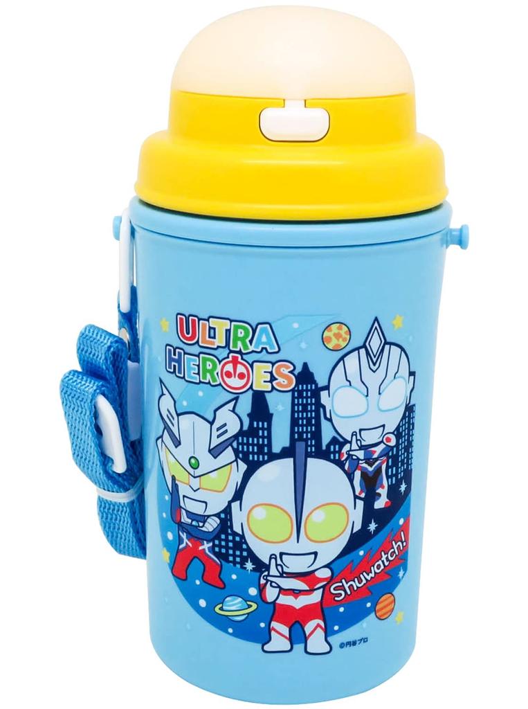 OSK Water Bottle Ultra Heroes Water Bottle with Straw 450ml Made in Japan Comes with Shoulder Strap Cool Lock One Touch Open Stylish Cool Unisex