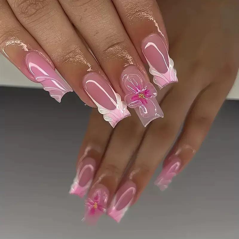 24PCS Square with Press on Nails Luxury Nude Pink Leopard Flower Artistic Fake Nails French Vintage Elegant Design False Nails
