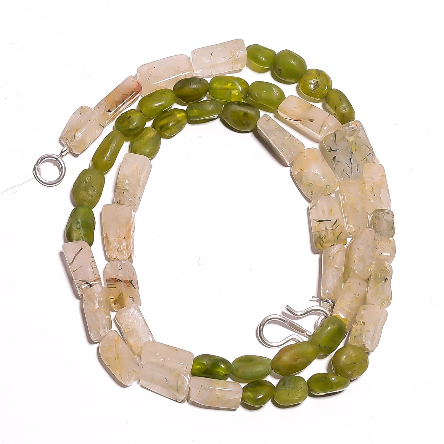 

Natural Vasonite Green Rutile Quartz Gemstone Smooth Beads Necklace 17 UB-3382 UB-3382