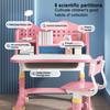 Kids Functional Desk Chair Set, Height Adjustable Children Study Desk with Castle Backboard, Widened Desktop, Bookstand and Storage Drawer (Pink)