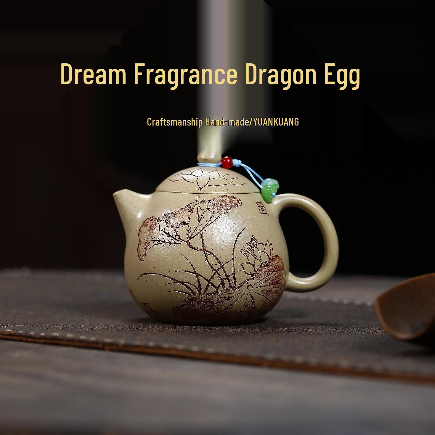 Yixing Zisha Handmade Lotus Dragon Egg Teapot in Benshan Green Clay - High-End Tea Brewing Set 250CC