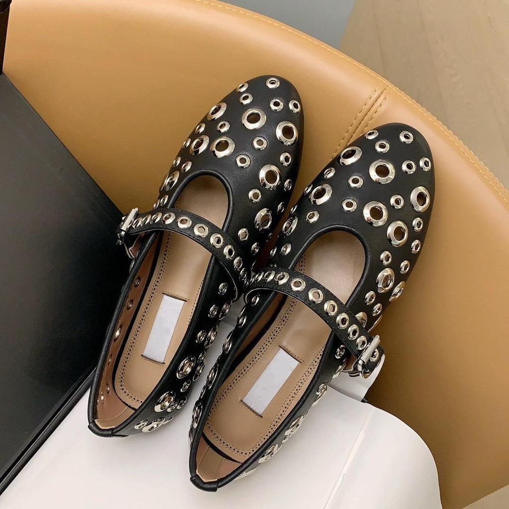 Women Metal Hollow Mary Jane Shoes Autumn Natural Leather Vintage Ballet Flat Casual Loafers Comfortable Slip On Shoes