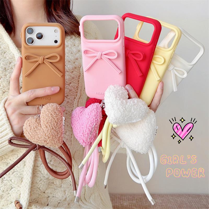 Silicone Stereo Bow With Love Lanyard Mobile Phone Case for Iphone 17/16/15 Pro Max Anti-Fall Protective Cover for Apple14 13 12