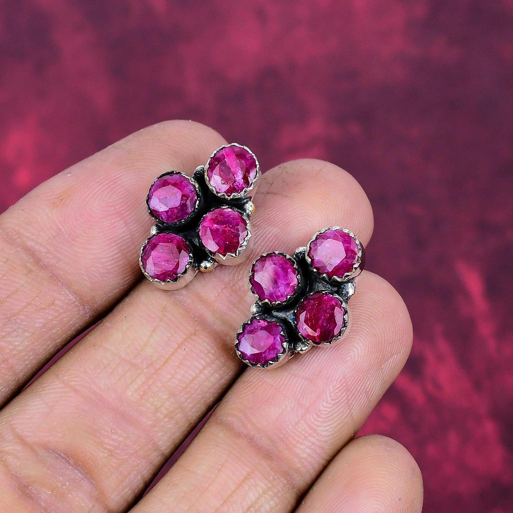 Lab Created Ruby Jewelry, 925 Solid Sterling Silver Earrings Jewelry, Handmade Earrings Gemstone Jewelry For Women