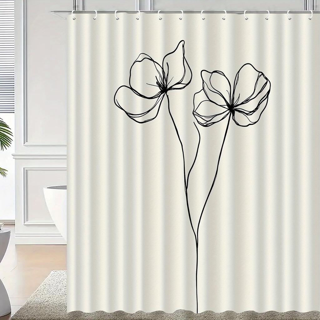 1Pc Floral Pattern Shower Curtain With Hook, Bathroom Partition, Bathroom Accessories, Home Decoration