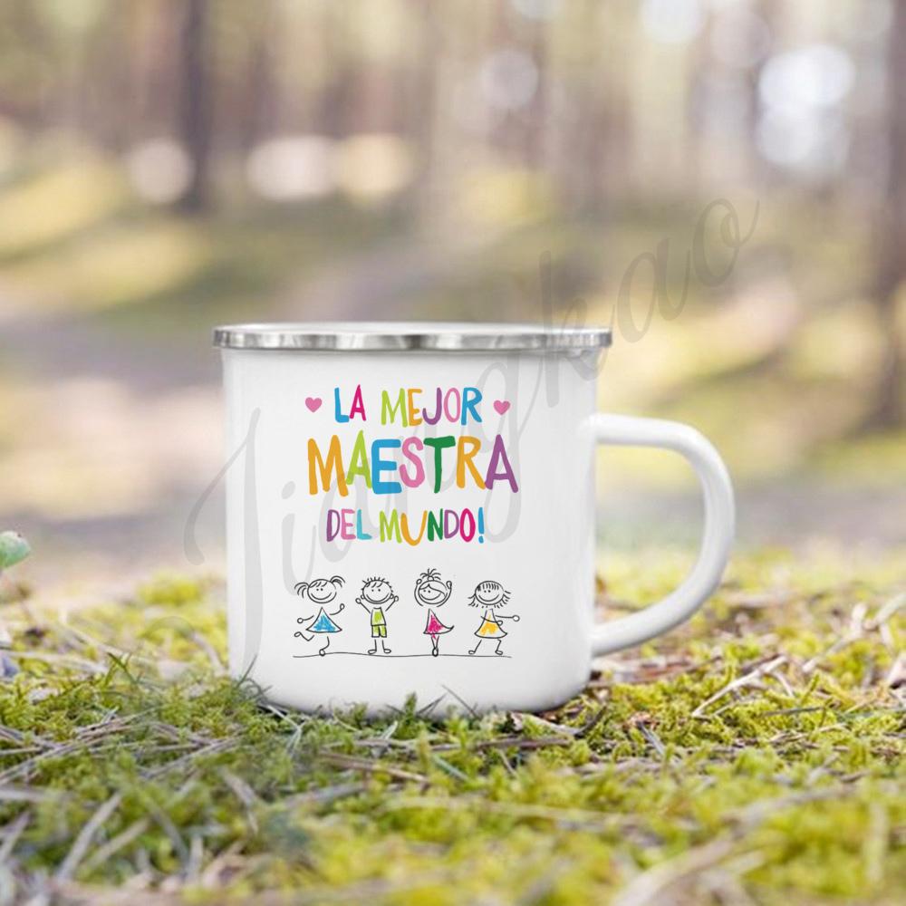 Best Teacher in The World Print Mug Creative Coffee Cup Drinks Enamel Cup Handle Drinkware Teacher s Day Thanks Gift for Teacher 8CM