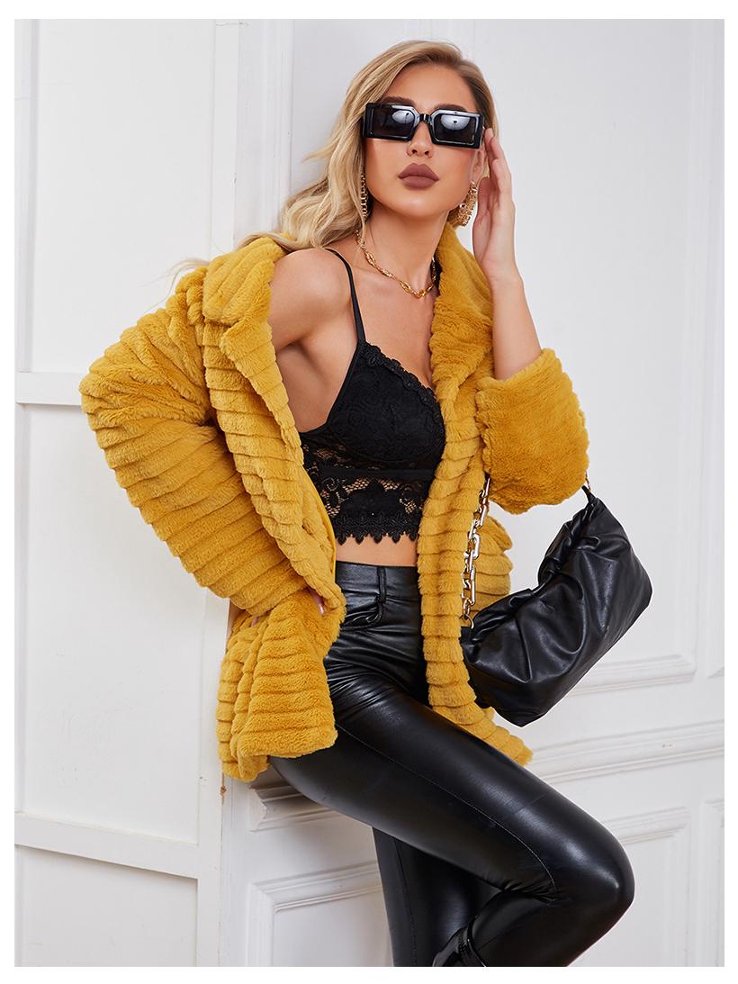 

2023 Women s Warm Striped Faux Fur Coat with Lapel for Fall and Winter S