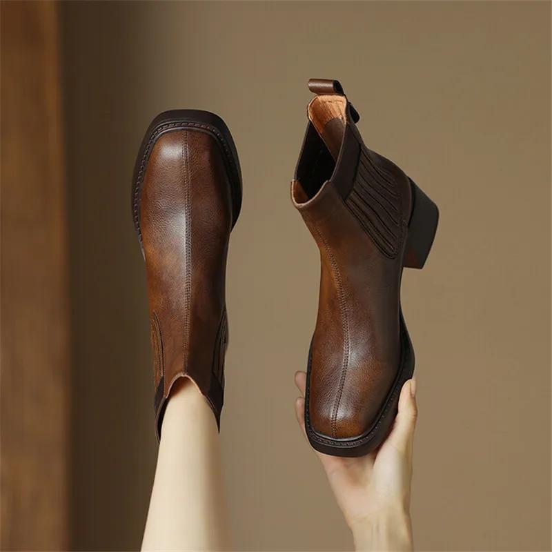 Fashion New Autumn Split Leather Women Boot Square Toe Short Boots for Women High Heels Winter Boots Women Chelsea Boots Ladies Shoes