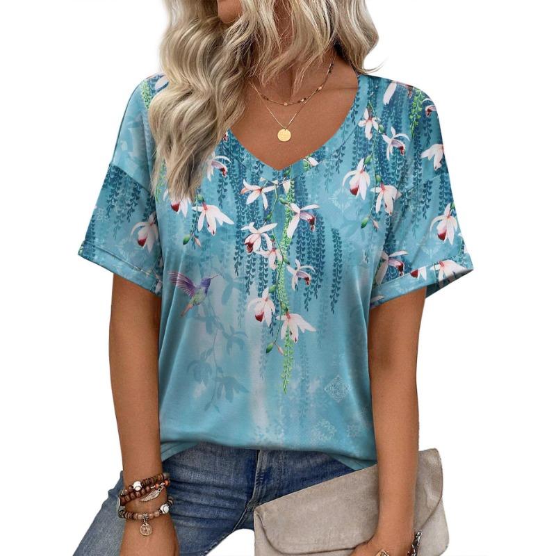 Summer V-neck 3D Flower Pattern Printed Top Fashionable Casual Short Sleeved Women's T-shirts