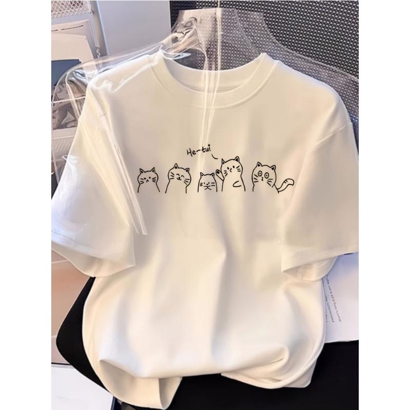 Breathable and Minimalist Cat Cartoon Print New Casual Unisexs and Unisexs Clothing New Fashion Trend Loose Round Neck Tshirt