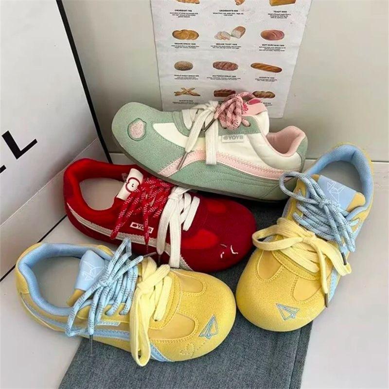 Red Retro German Training Shoes Women's 2025 Summer New Round Head Student Forrest Gump Shoes Fashion Trend Flat Sneakers