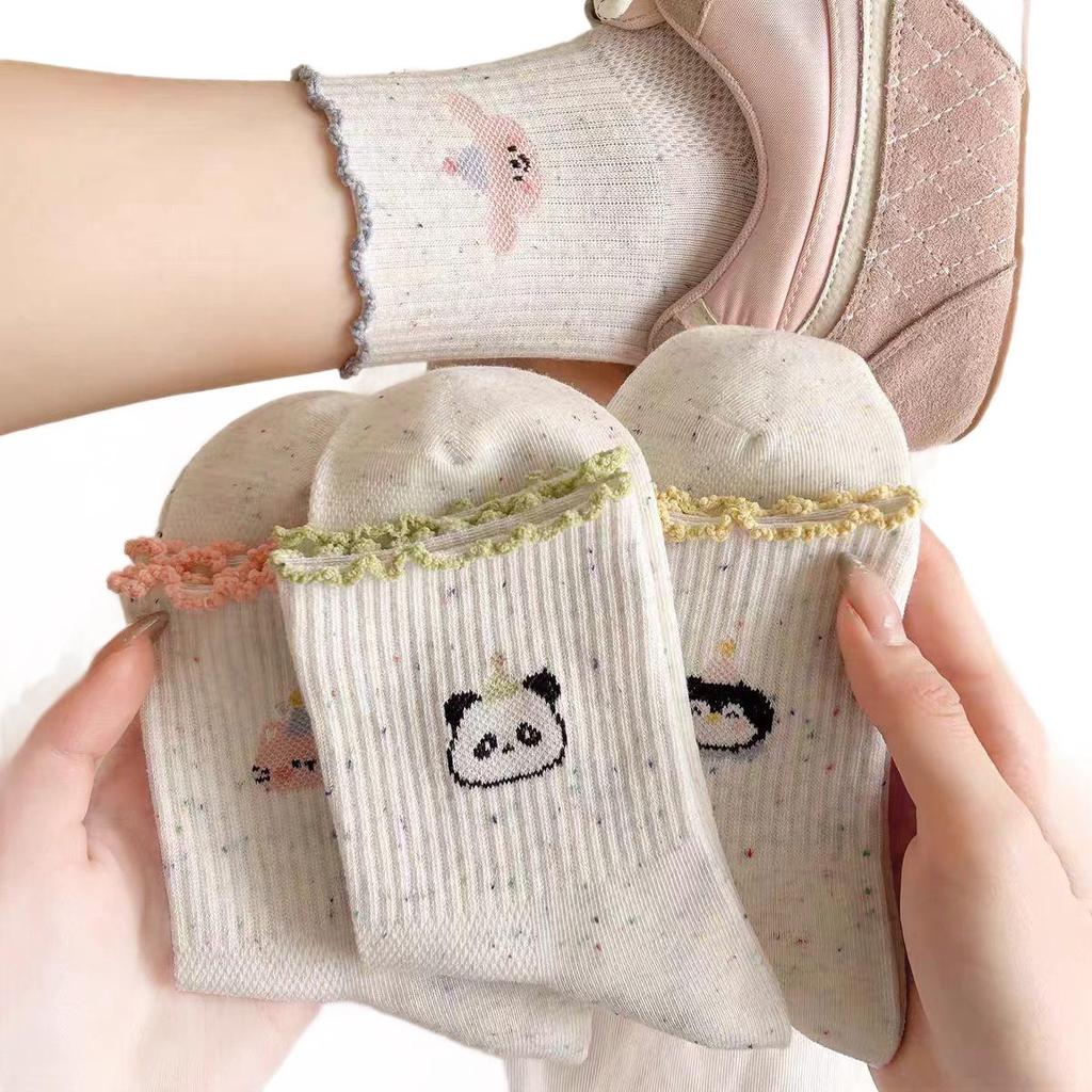 Polka Dot Panda Embroidery Cotton Mid-Calf Socks - Cute Japanese Style for Spring and Autumn