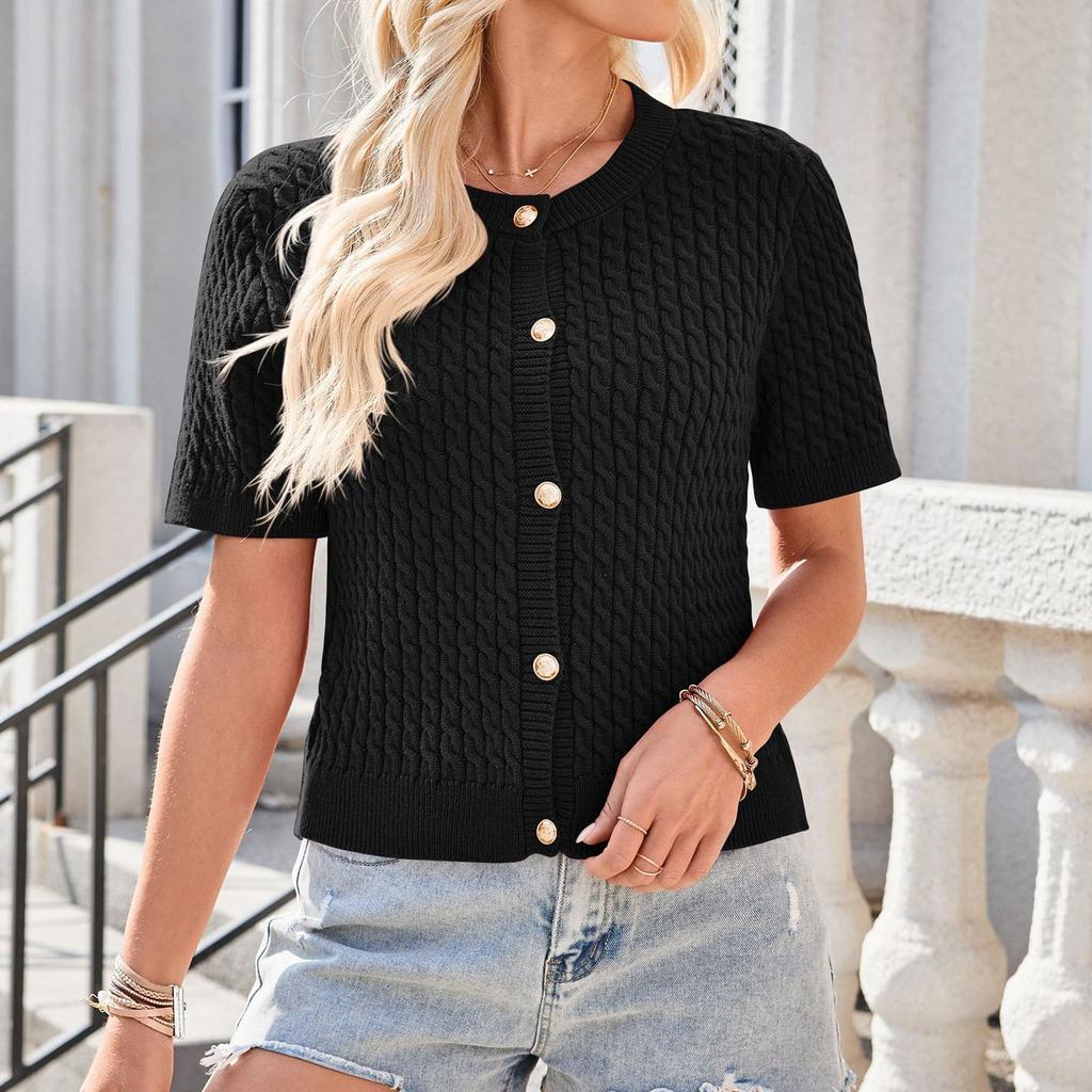 Women's Fashion Casual Tops Summer Short Sleeve Cardigan Cropped Button Round Neck Tops