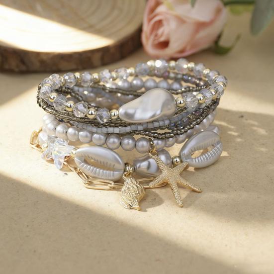 Summer Beach Bracelet for Women Faux Pearl Seashell Starfish Boho Layered Beaded Bracelets Handmade Stretch Bracelet