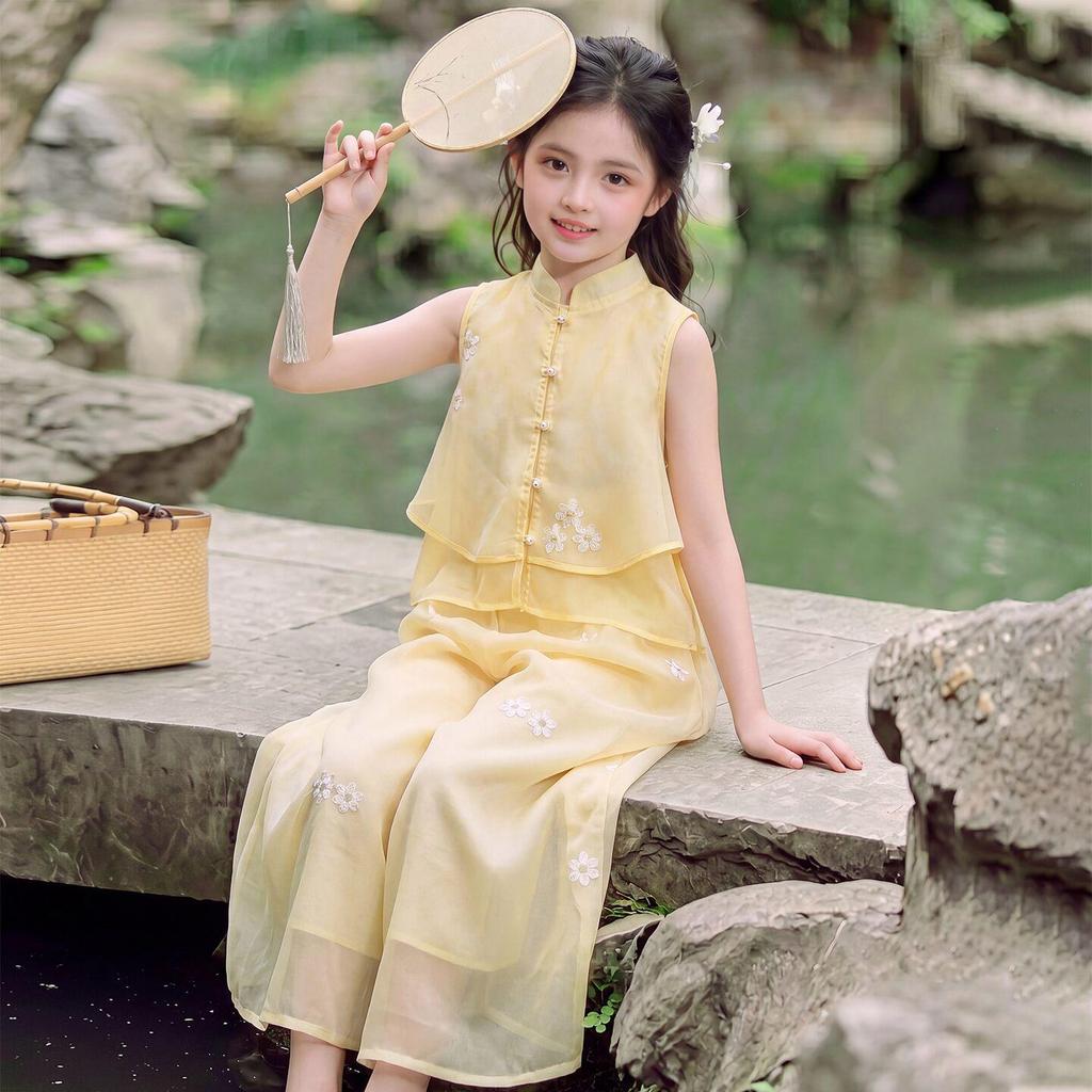 Girls' Summer 2026 Hanfu Tang Suit - New Ancient Chinese Style Set for Little Girls