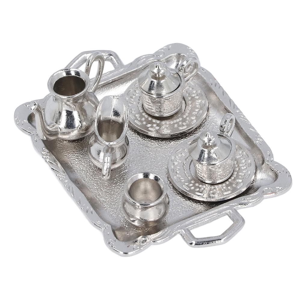 Miniature Tea Set Lifelike Alloy Dollhouse Tea Set Interactive Miniature Teapot Cup Plate Educational Dollhouse Kitchen