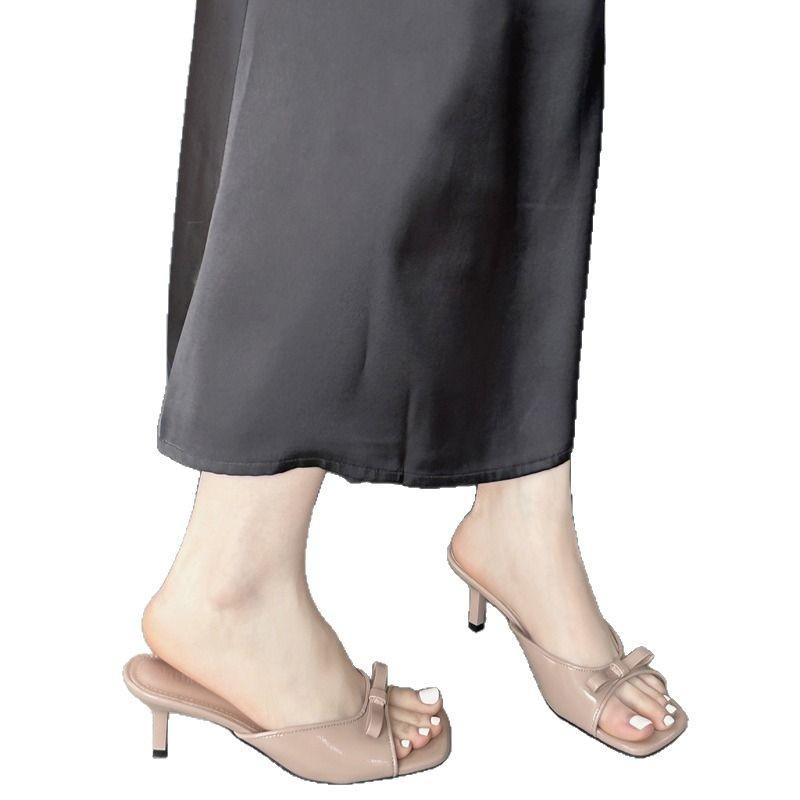 New niche outer wear bow high heel slippers women's sandals half slippers sandals