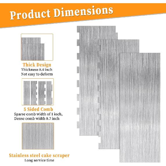 Simarro 3 Pieces Stainless Steel Cake Scraper, 9 Inch Large Double Sided Patterned Edge Stripe Wave Edge Smoother Cake Scraper Icing Smoother Tools