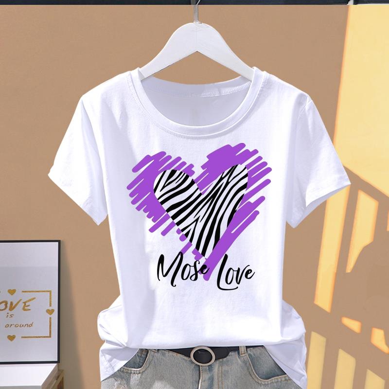 (Asian Size) Top O-neck Tee Fashion Print love style trend Casual Short Sleeve T-shirts T Graphic Female Women's Clothing