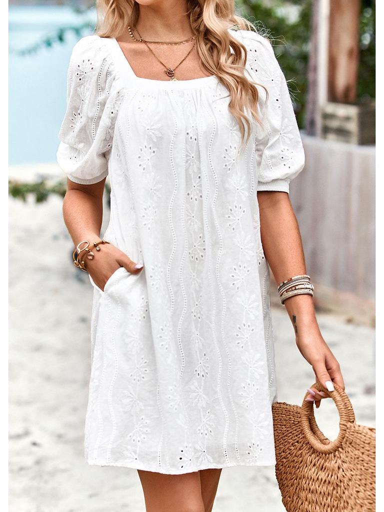 Diyun 2023 Summer European & American Solid Color Square Neck Jacquard Short Dress for Women - Elegant & Hollow Design